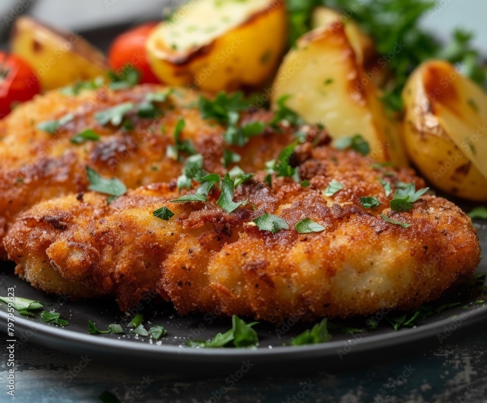 Black Plate With Chicken and Potatoes Black Plate With Chicken and Potatoes