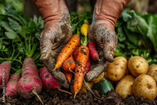A farmer's hands holding freshly-harvested carrots and radishes