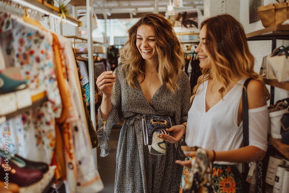 Two women shopping, laughing joyfully