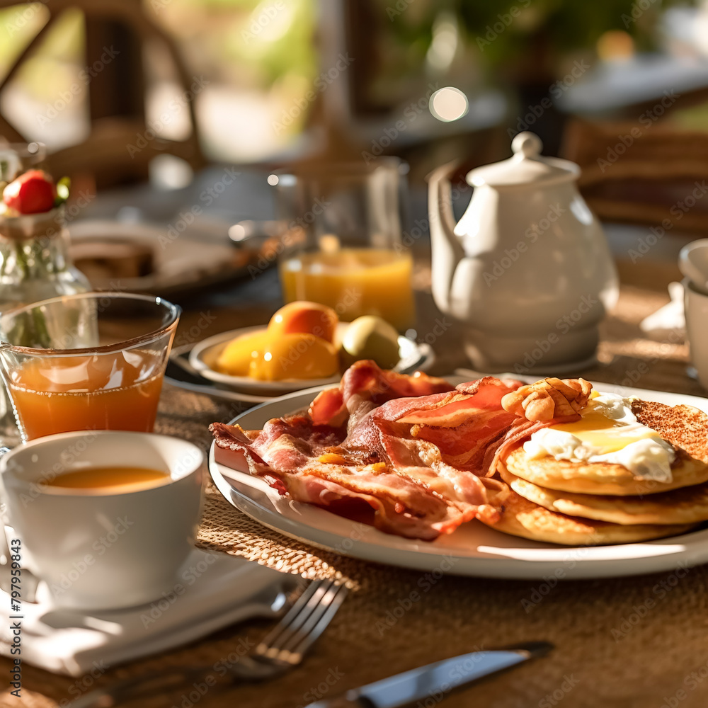 A classic breakfast tableau featuring a plate of bacon, eggs, and pancakes, accompanied by a steaming cup of coffee, promising a hearty and satisfying start to the day. A classic breakfast tableau featuring a plate of bacon, eggs, and pancakes, accompanied by a steaming cup of coffee, promising a hearty and satisfying start to the day.