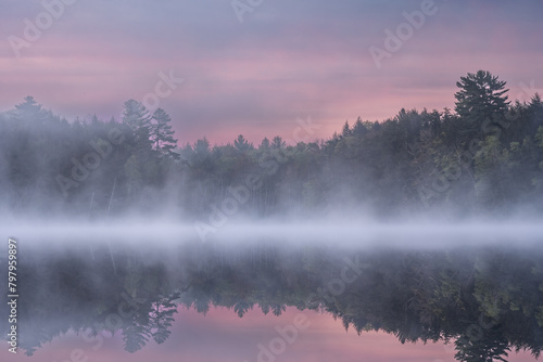 Foggy spring landscape at dawn of Pete's Lake with mirrored reflections in calm water, Hiawatha National Forest, Michigan's Upper Peninsula, US