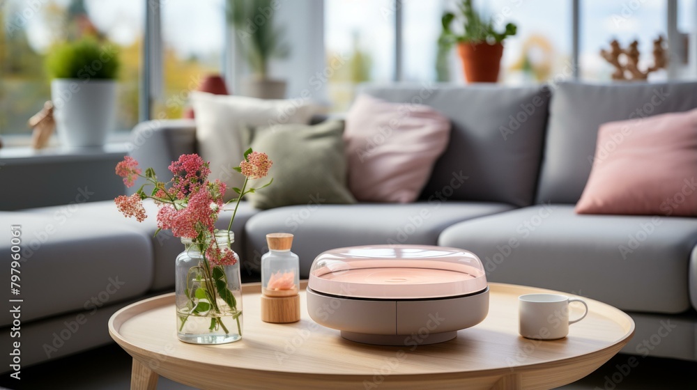 b'An elegant coffee table with a pink glass dome' b'An elegant coffee table with a pink glass dome'