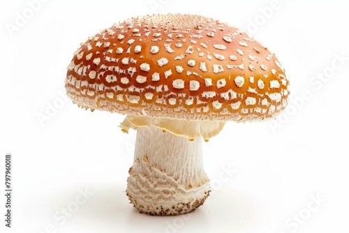 b'A large red and white mushroom isolated on a white background'