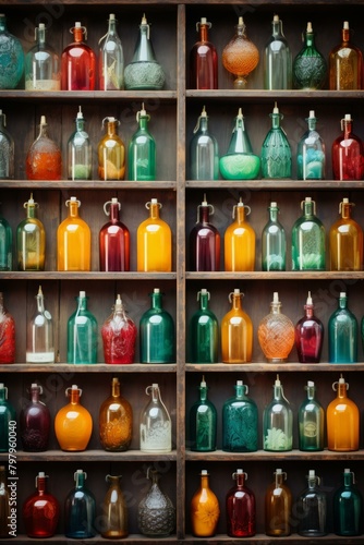 b A wooden shelf filled with a variety of colorful glass bottles 