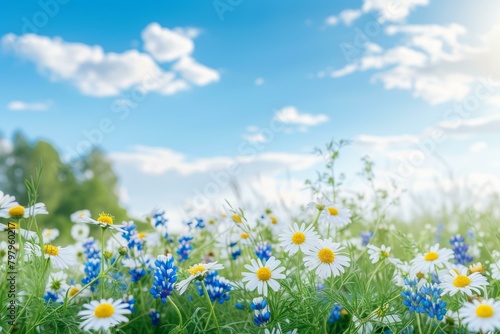 b'Field of flowers under blue sky'