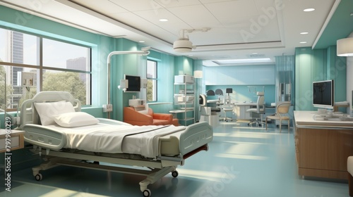 b A modern hospital room with a bed  medical equipment  and a large window 