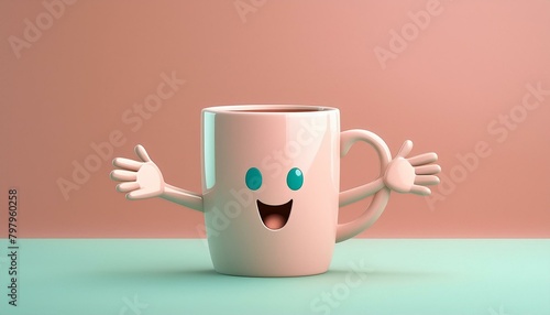 A cute happy coffee mug character reaching out it's arms for a hug. 