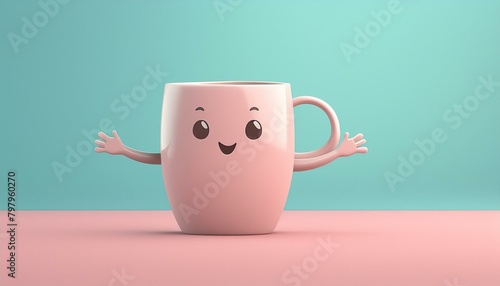 Adorable happy cute little coffee mug character with a smiley face reaching out for a hug.