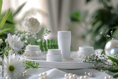b'White cosmetic bottles with pearls and flowers' photo