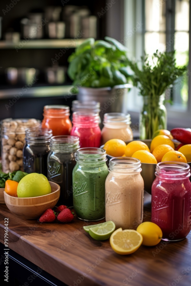 b'Colorful mason jars filled with healthy juices and smoothies on a kitchen counter' b'Colorful mason jars filled with healthy juices and smoothies on a kitchen counter'
