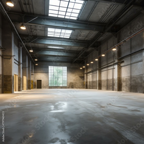 b Large empty warehouse interior with concrete walls and large windows 