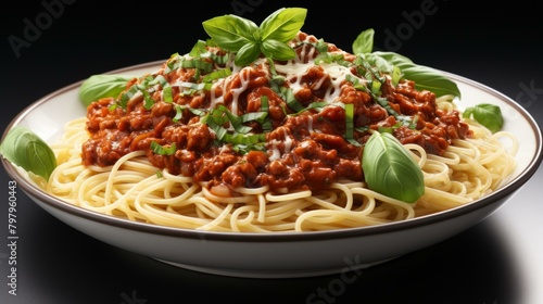 b A plate of spaghetti with tomato sauce and basil 