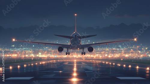 Illuminated Commercial Airplane Landing on Airport Runway at Dusk