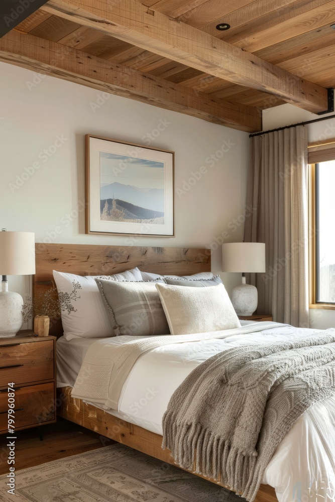 Spacious Bedroom With Large Bed and Wooden Ceiling