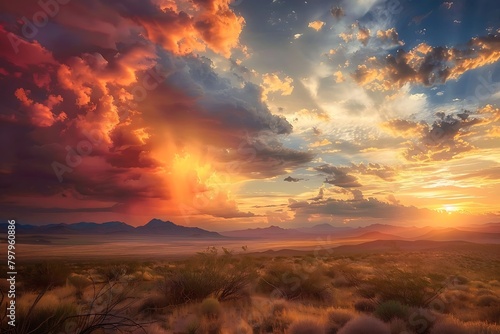 Dramatic high-contrast clouds parting to reveal a vibrant sunset over a vast desert landscape, capturing the interplay of light and shadow. #797960886