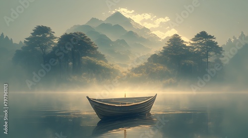 Serene Wooden Boat Drifting on Misty Lake with Mountain Backdrop