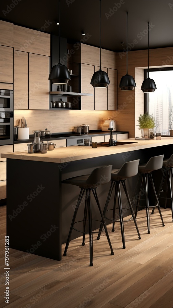 b'Black and wood grain modern kitchen with large island and wood floor'