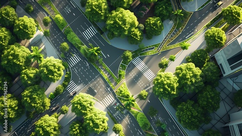 A bird's-eye view of a car-free urban area with bike lanes, pedestrian paths, and green spaces photo