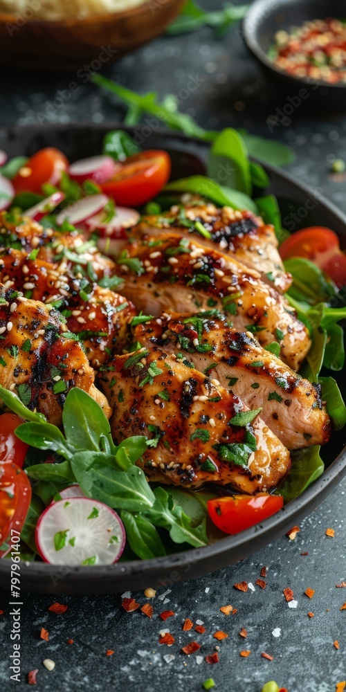 b'Grilled chicken breast with sesame dressing and fresh salad'