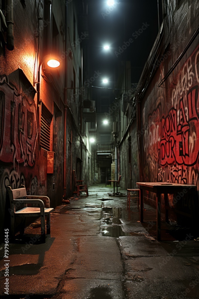 b'A dark and dirty alleyway with graffiti on the walls and a single light bulb providing illumination'