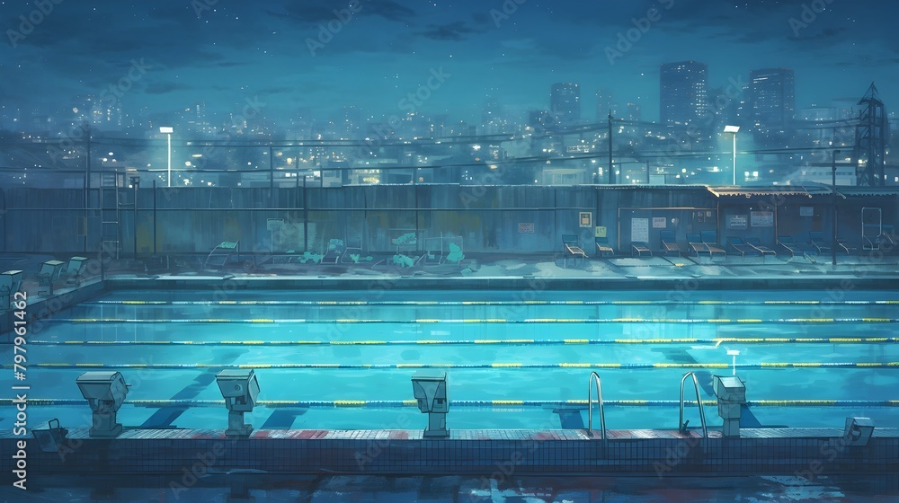 Illuminated City Skyline Reflecting in Tranquil Swimming Pool at Nightfall