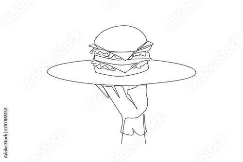 Single one line drawing waiter holding food tray serving burger. Fast food. Like a sandwich. The bread contains pieces of meat, lettuce, tomatoes and onion. Continuous line design graphic illustration
