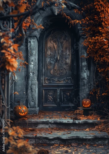 b'ornate wooden door with pumpkins on the stairs' © Adobe Contributor