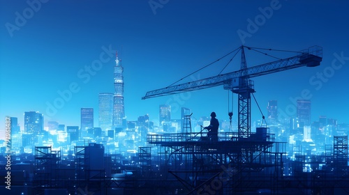 Vibrant Urban Skyline at Nightfall with Skyscrapers and Construction Cranes