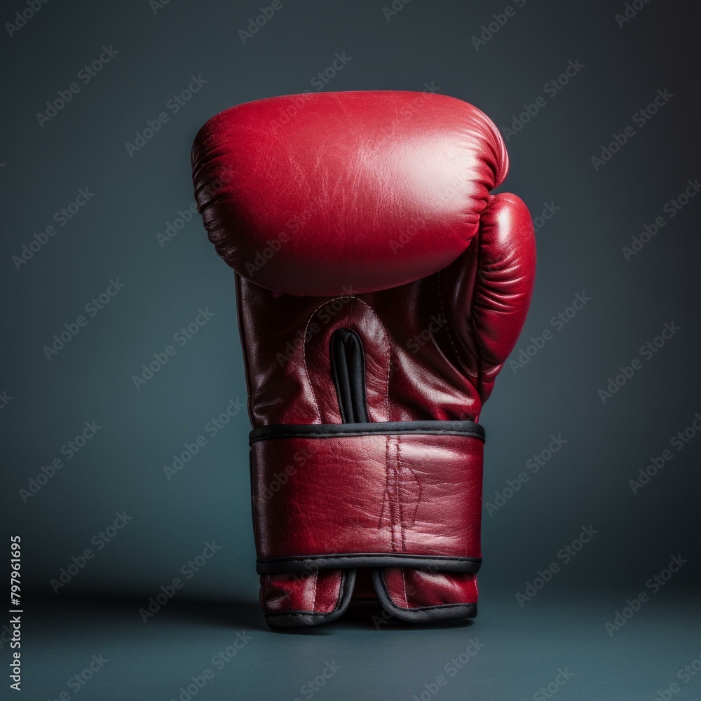 b'A red boxing glove on a dark blue background'