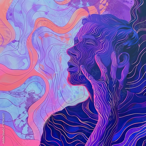 A portrait of a man in profile, with his hand on his face. The man is made of blue and purple lines, and the background is a colorful mix of blues, purples, and pinks. higher self