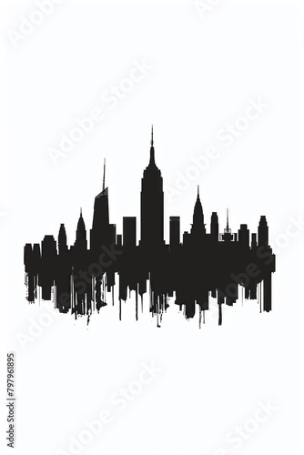 Ultraminimalist silhouette of a cityscape  formed by flat geometric shapes in monochrome black  set against a clean white backdrop  representing the citys most iconic buildings in