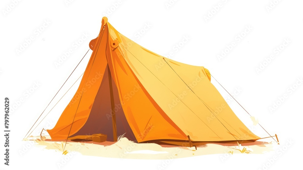 2d illustration of a cartoonish orange tent standing proudly against a clean isolated background