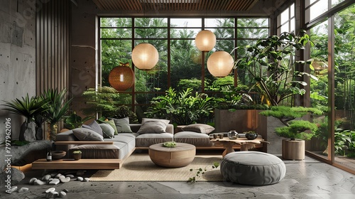 3D visualization of a Japandi living roomcombining Scandinavian functionality and Japanese rustic minimalismhighlighted by a zenlike indoor garden. photo