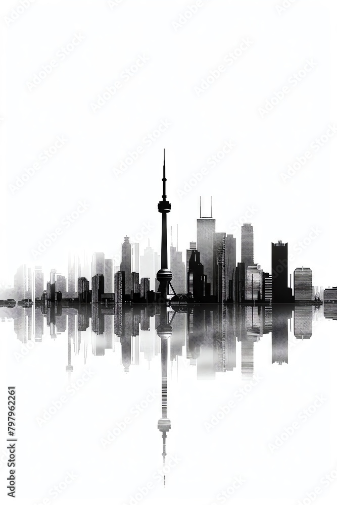 Naklejka premium A sleek, minimalist city skyline, depicted with a single continuous thin black line against a white background, capturing the essence of the citys architecture without any clutter