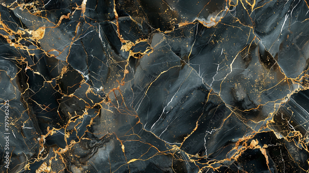 Jet Black Marble with Gold Flecks, Luxurious Contrast and Shiny Veins