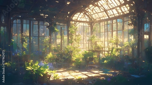 Lush and Luminous Greenhouse Oasis:A Serene Botanical Escape description:This image depicts a photo
