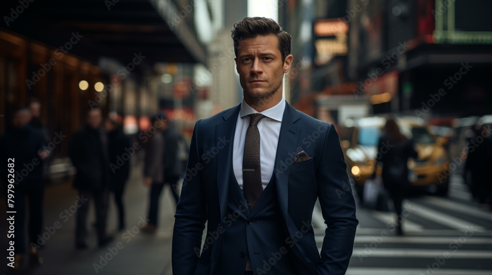 b'A man in a suit standing in the middle of a busy city street'