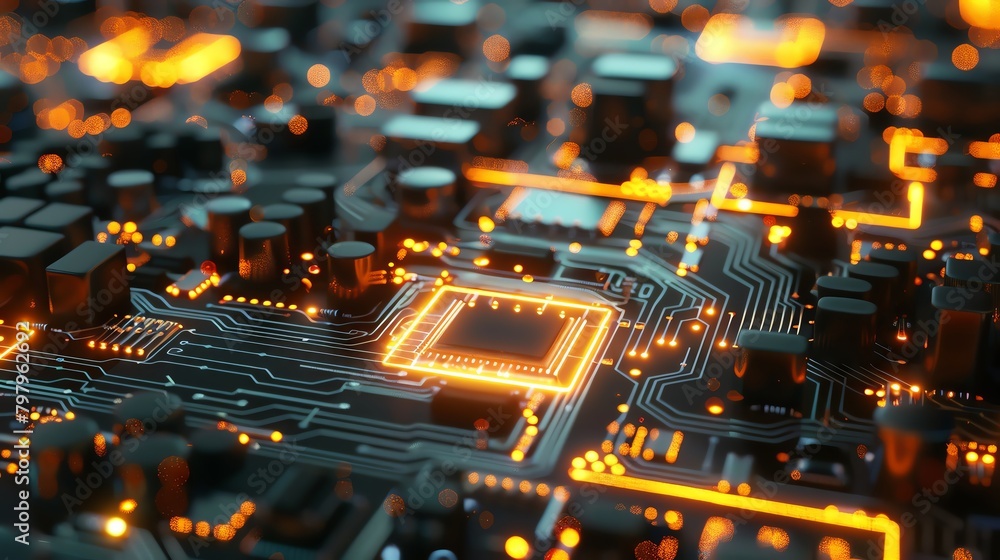 Conceptual illustration of a nanoelectronic circuit boardwith miniature components and pathways that glow to highlight their functionality and complex integration. Conceptual illustration of a nanoelectronic circuit boardwith miniature components and pathways that glow to highlight their functionality and complex integration.