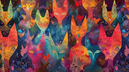 A symmetrical repeating pattern of cartoon foxes in profile with abstract features and bright colors. photo