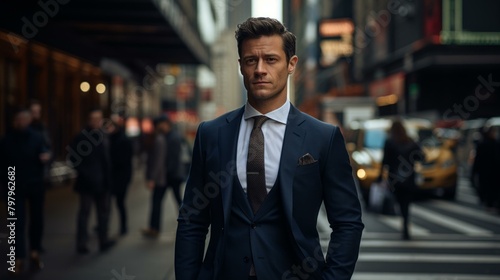 b'A man in a suit standing in the middle of a busy city street' photo