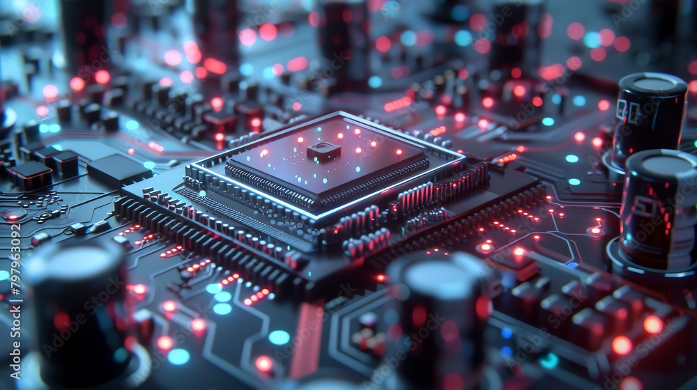 Futuristic visualization of a nanoelectronic circuit schematicwith holographic elements projecting above the surfaceproviding a 3D perspective on the cuttingedge technology involved. Futuristic visualization of a nanoelectronic circuit schematicwith holographic elements projecting above the surfaceproviding a 3D perspective on the cuttingedge technology involved.
