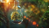 Ecofriendly concept rendering of a miniature tree thriving in a suspended light bulbwith a vibrant bokeh effect creating a magical atmosphere.