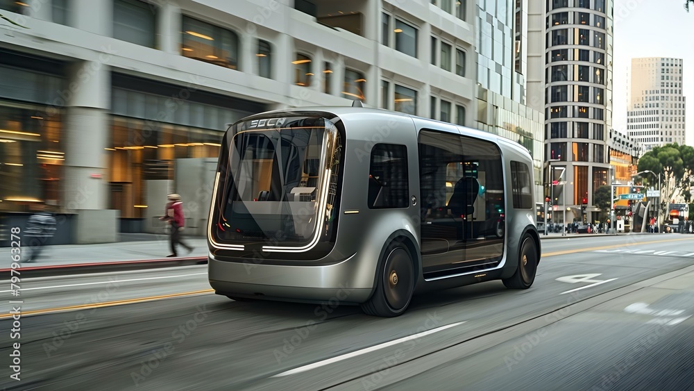 Ecofriendly autonomous electric delivery vehicle in modern urban cityscape. Concept Eco-friendly Vehicles, Electric Delivery, Modern Urban Cityscape, Autonomous Technology