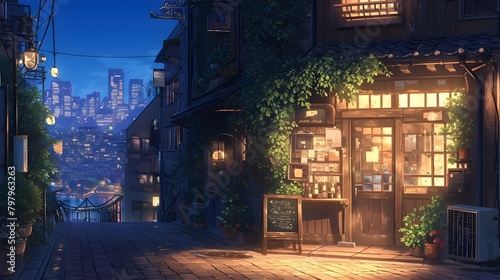 Charming Japanese Street Scene with Lanterns and Cozy Establishments at Night