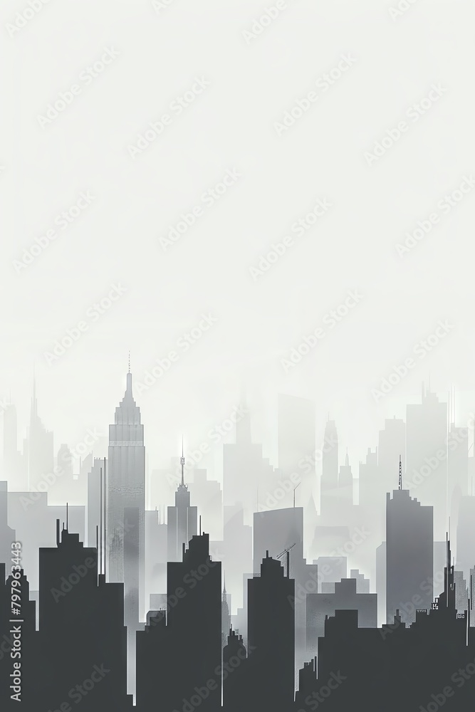 A black and white photo of a city skyline with a gradient from black to white from bottom to top