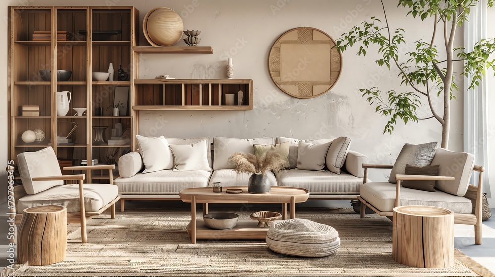 Sophisticated 3D render of a Japandi living room with a combination of rustic wood textures and sleek Nordic furniturecreating a harmonious and inviting space. Sophisticated 3D render of a Japandi living room with a combination of rustic wood textures and sleek Nordic furniturecreating a harmonious and inviting space.