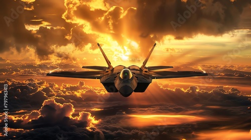 Majestic scene of an F22 Raptor descending smoothly for landingthe setting sun casting golden light on its sleek frameagainst a cloudstreaked sky.