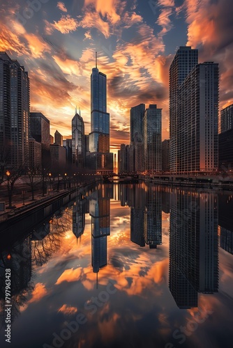 Masterpiece photograph of the Chicago skyline in an ultrawide panoramic view, highlighting the city s sprawling urban tapestry at golden hour, where the setting sun casts a warm gl photo