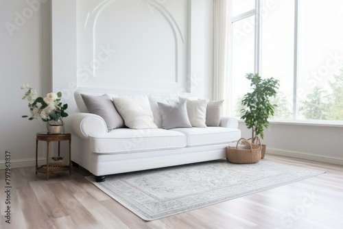 b Elegant living room interior with white sofa  rug  plants  and flowers 