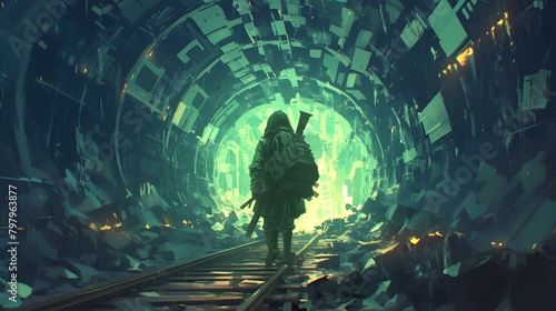 Solitary Figure Navigating an Otherworldly Subterranean Tunnel photo